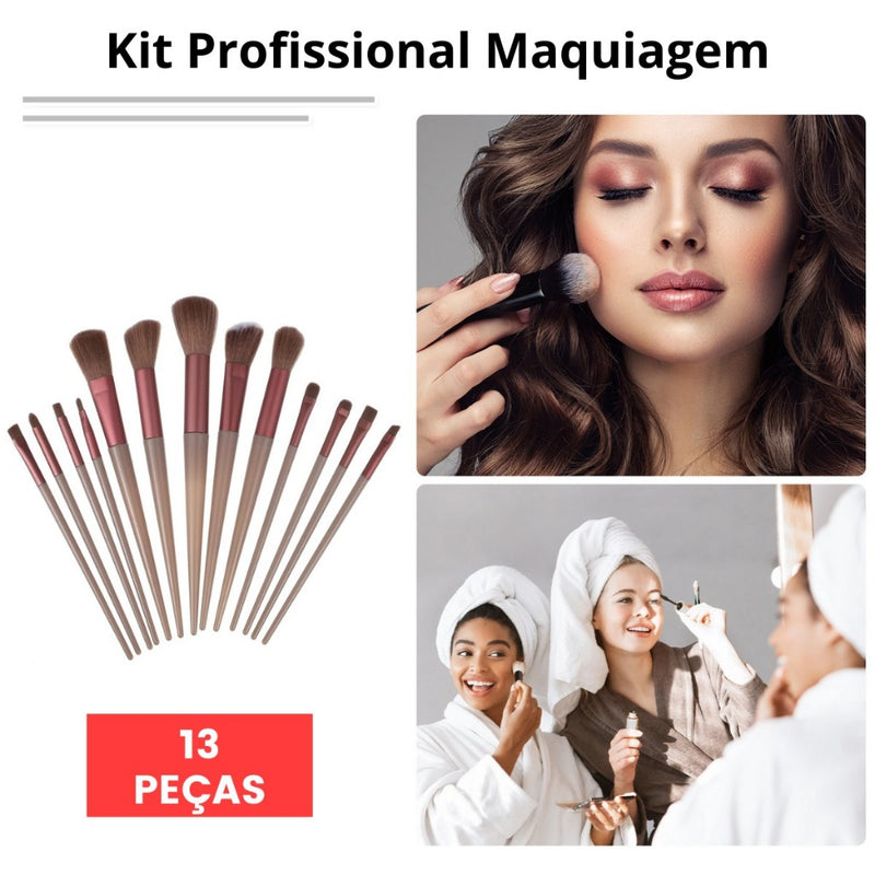 Pincel Maquiagem KIT Conjunto 13 Peças + Esponja Triangular Profissional Com Lindo Estojo Aveludado