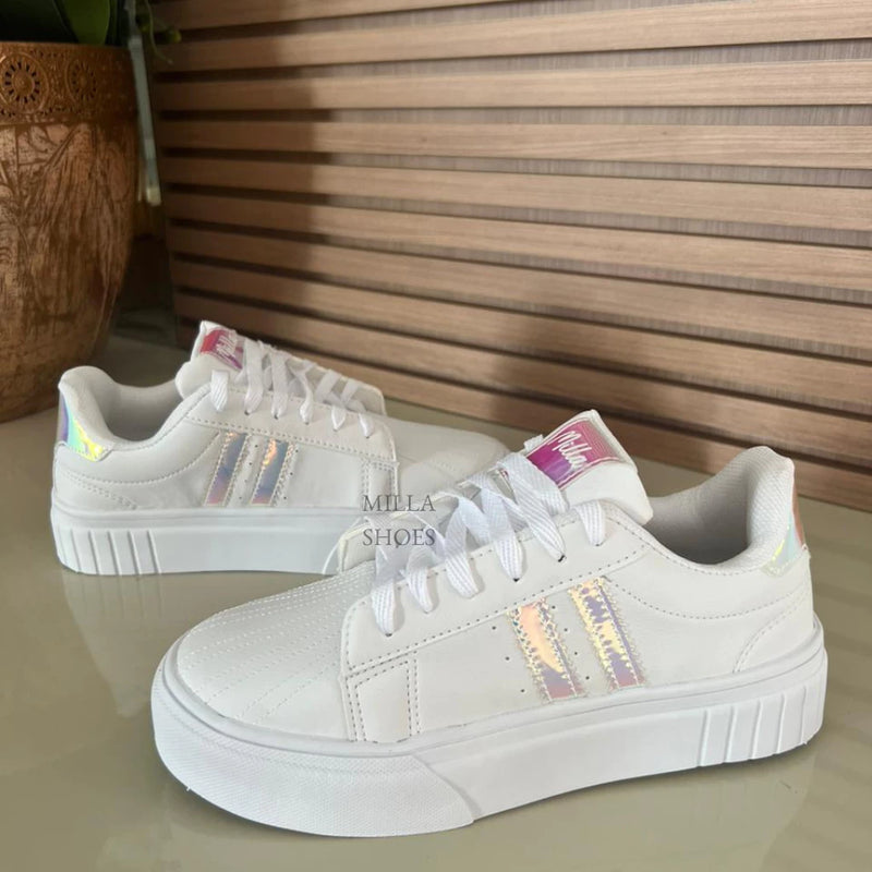 Tenis Branco Casual Curvim Detalhe Holografico Feminino