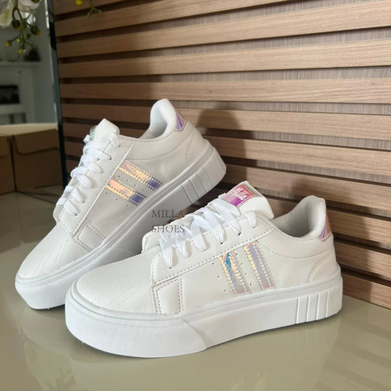 Tenis Branco Casual Curvim Detalhe Holografico Feminino