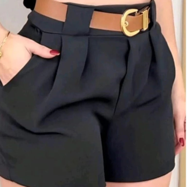 Short Alfaiataria Feminino Social Cintura Alta Com Cinto